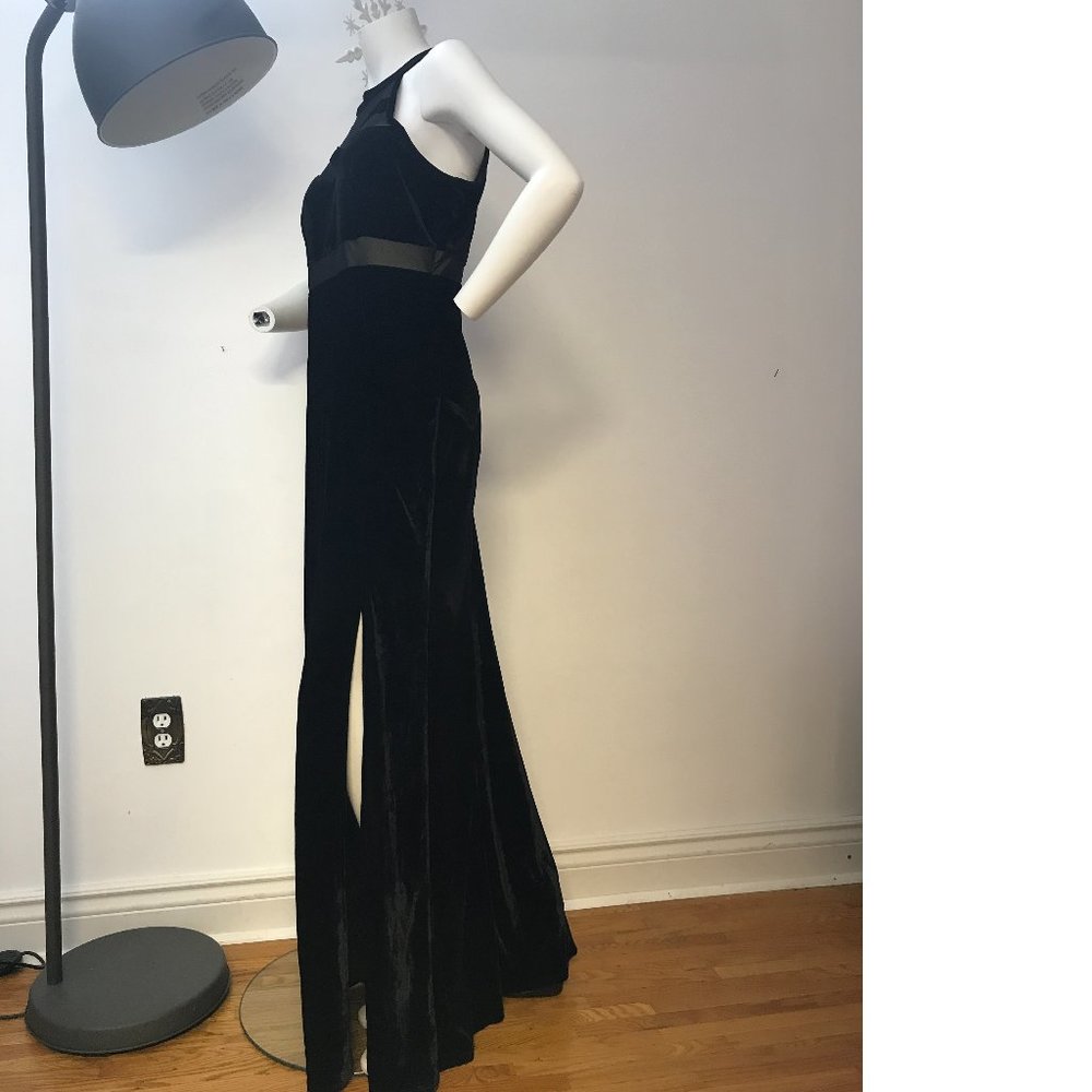 le chateau Black Velvet Halter Prom Gown with Side Slit